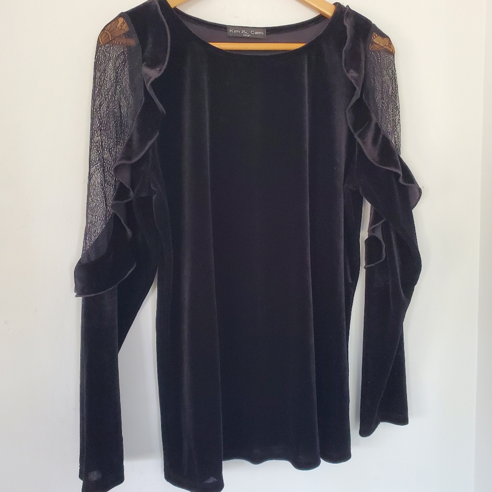 Y2K Black Velour Ruffle LS Top Black Lace Stretch Whimsigoth Dark Romance Fairy
